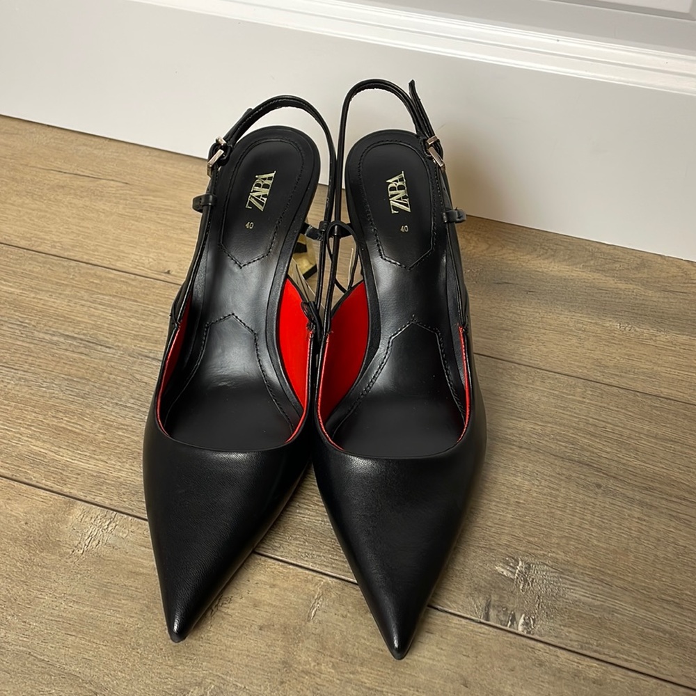Fun New Women’s Zara Slingback Black Leather with Gold Metal Heels Size 9
